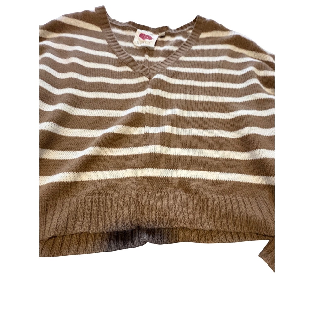(CL) Derek Heart Brown White Striped V-Neck Cropped Dolman Sleeve Sweater Medium - Picture 3 of 6